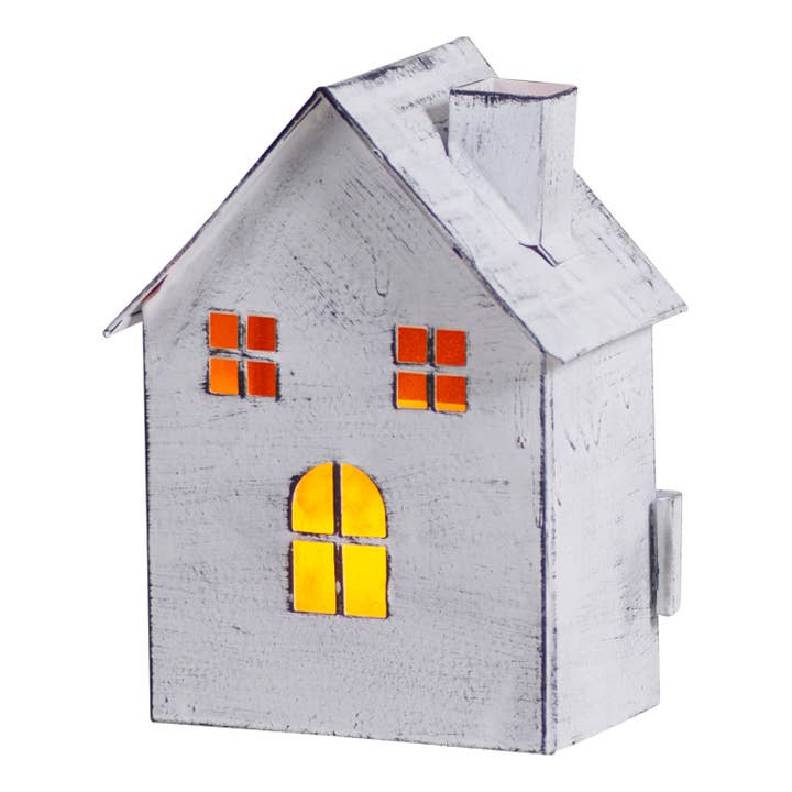 Irvin's Tinware - Wholesale Candle Holder - 6-Inch High Tin House Tealight Holder in Rustic White Wash