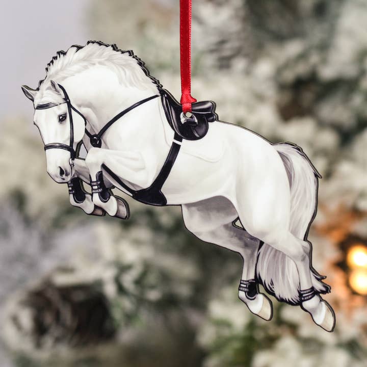 Jumping Horse Ornament - White/Lt Gray Hunter Jumper Equine for wholesale by Classy Equine