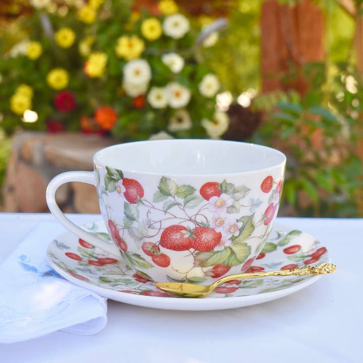Farmers Market Strawberries Jumbo Cup and Saucer 15oz for wholesale by All Little Cute Things