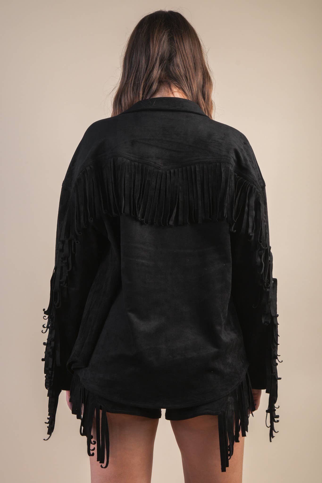 VERY J - Wholesale Jacket - Women's - NJ90387-Suede Fring Detail Western Jacket Shacket3
