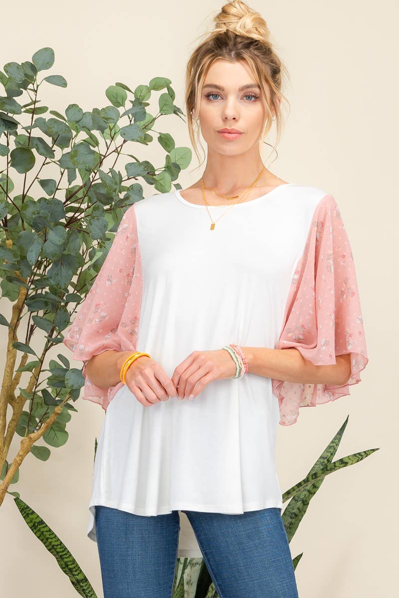 Celeste Clothing - Vendita all'ingrosso Camicetta - Donna - TOP SOLIDO PLUS SIZE CON MANICHE AD ALETTE IN CHIFFON -CT43008-PL1