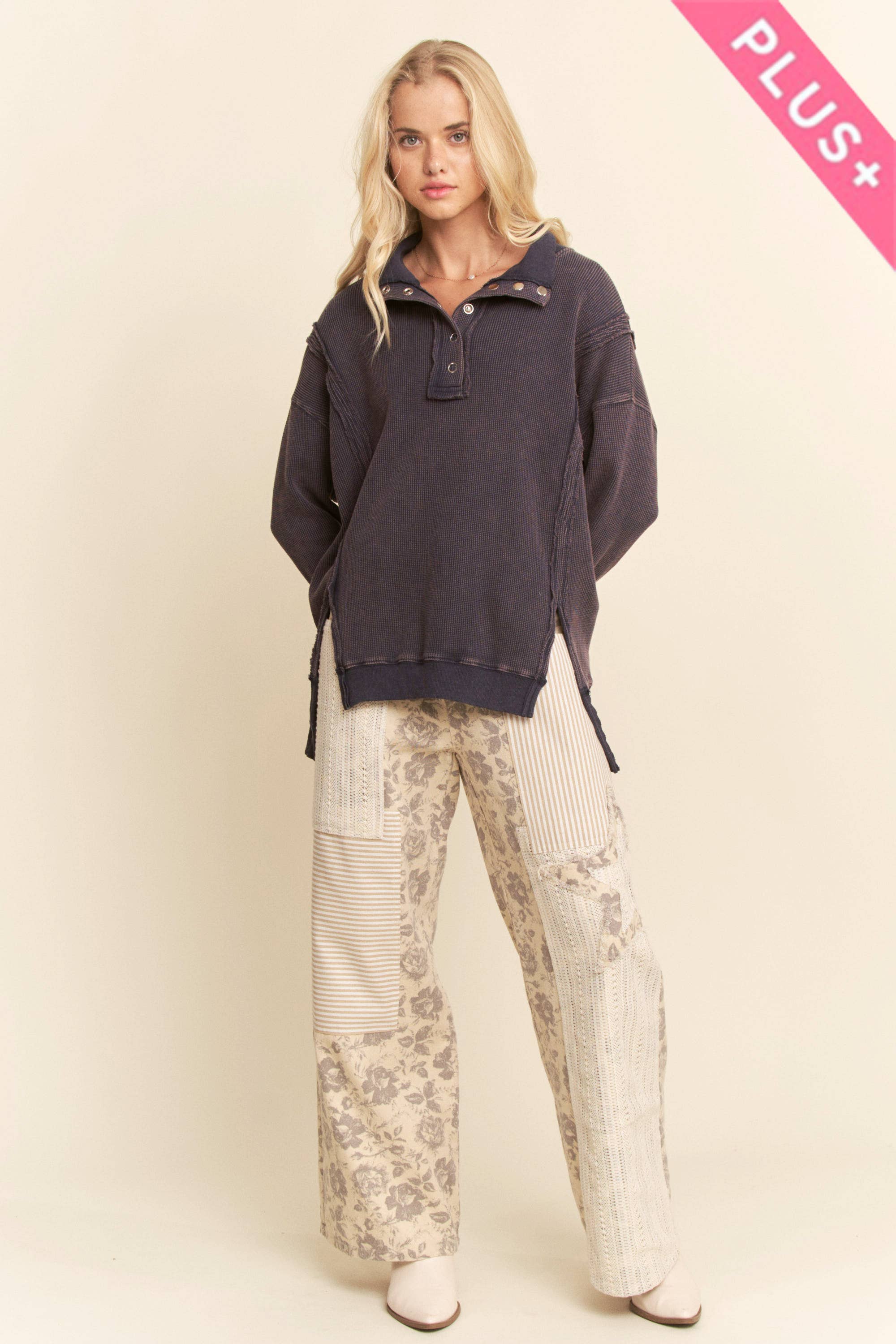 NATURAL D GREY PLUS FLORAL STAR PATCH DETAIL WASHED PANTS for wholesale on Faire3