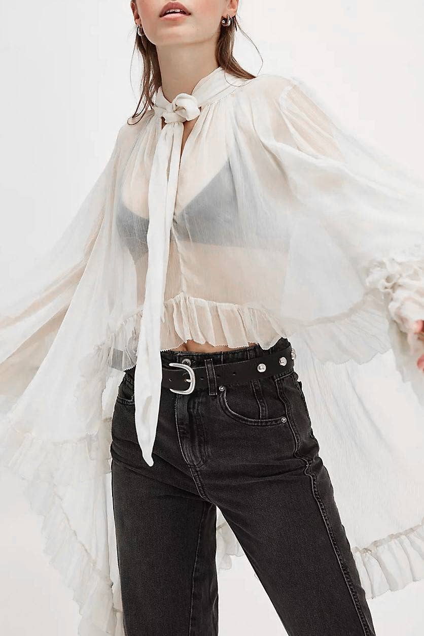 Rosa Clothing - Wholesale Blouse - Women's - billowy ruffle sheer top flowy Full Sleeve Frill Top0