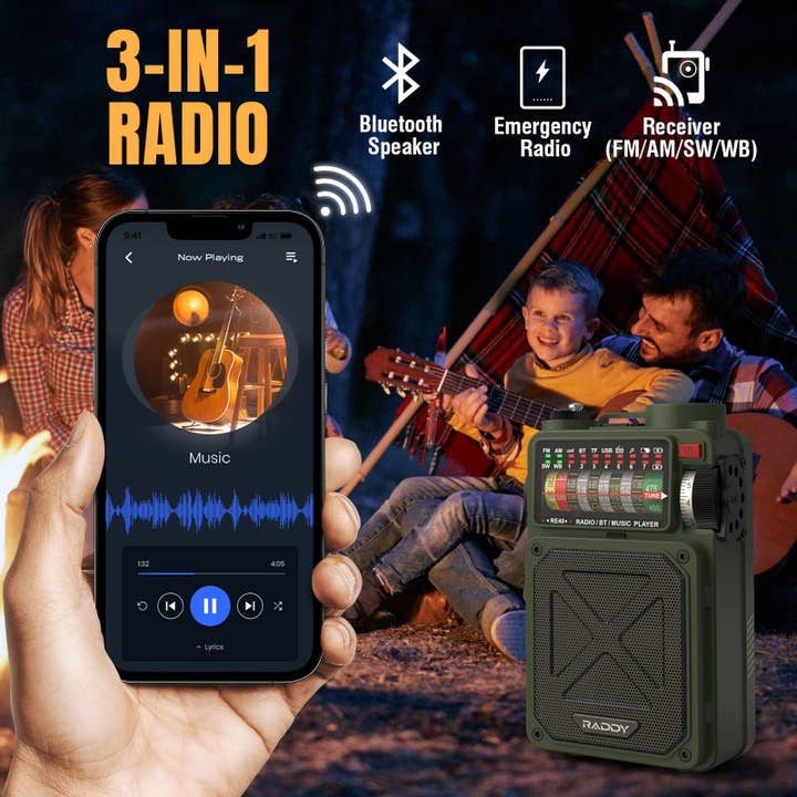 Radioddity - Wholesale Speakers - Raddy RE40 Shortwave Radio | FM/AM/SW/WB | 4000mAh | Bluetooth 5.0 | White Noise | Hand Crank Solar Type-C3