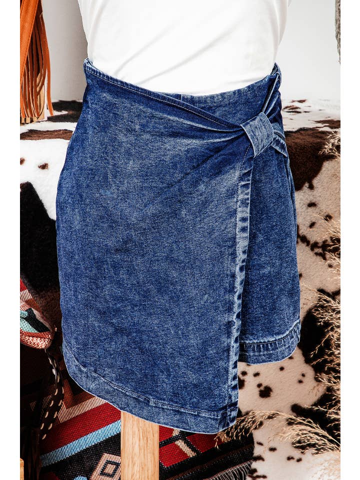 Blue Acid Wash Asymmetric Twisted Wrapped Zipped Denim Skort for wholesale on Faire