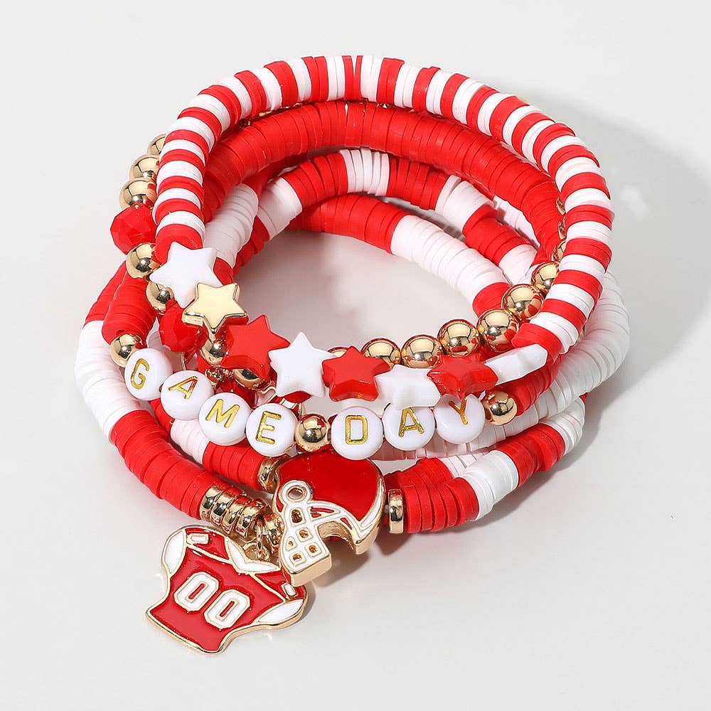 Sensibling Corp. - Wholesale Jewelry Set - 7PCS - Football Charm Star GAME DAY Message Heishi Beaded Stretch Multi Layered Bracelets8
