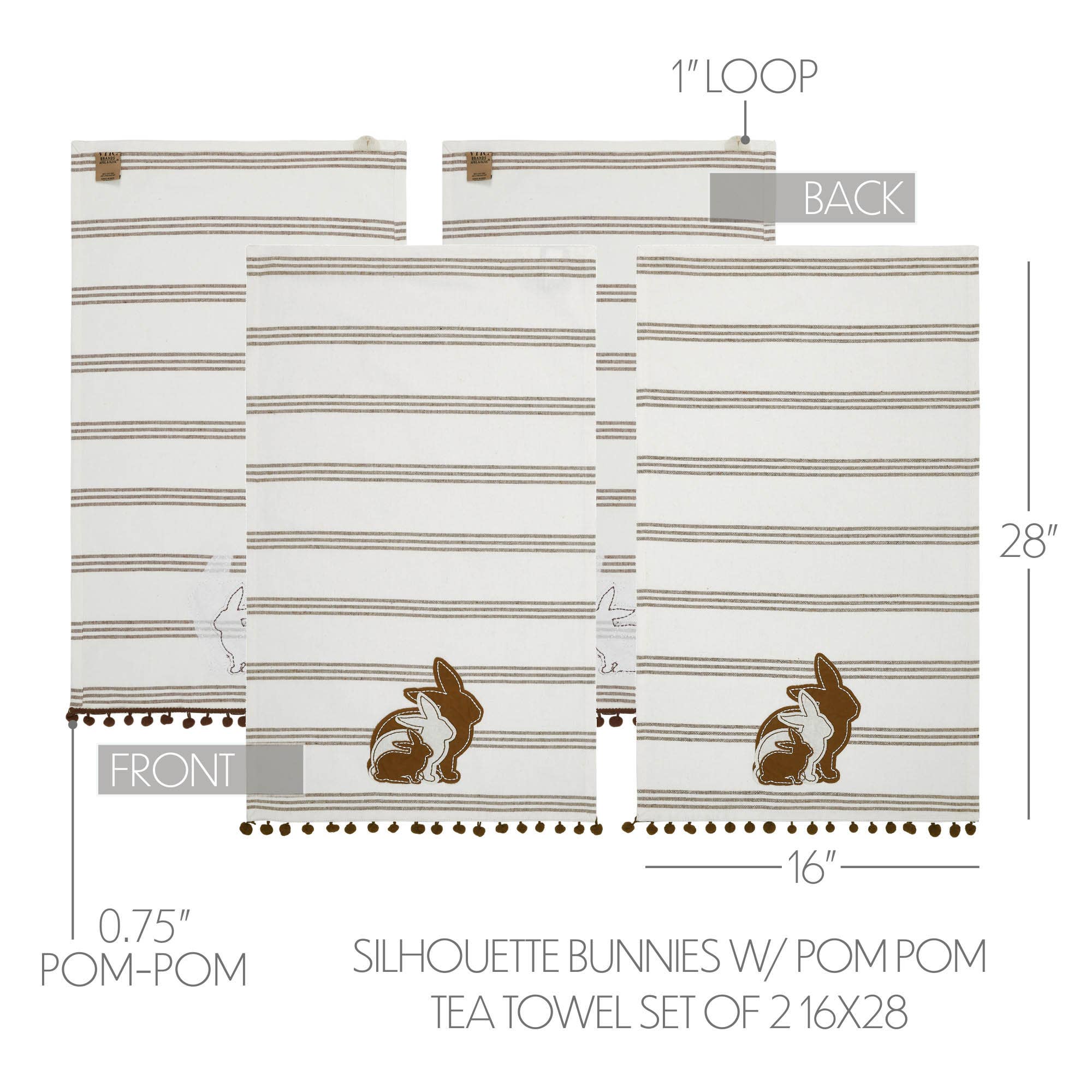VHC Brands - Wholesale Tea Towel - Bunny Hop Silhouette Bunnies w/ Pom Poms Tea Towel Set of 2 16x284