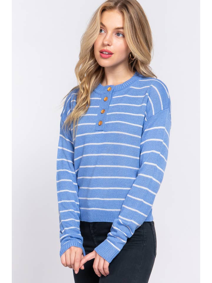 42POPS - Wholesale Knit Sweater - Women's - ,._ SI-24900 FITTED LONG SLV PLACKET STRIPE SWEATER