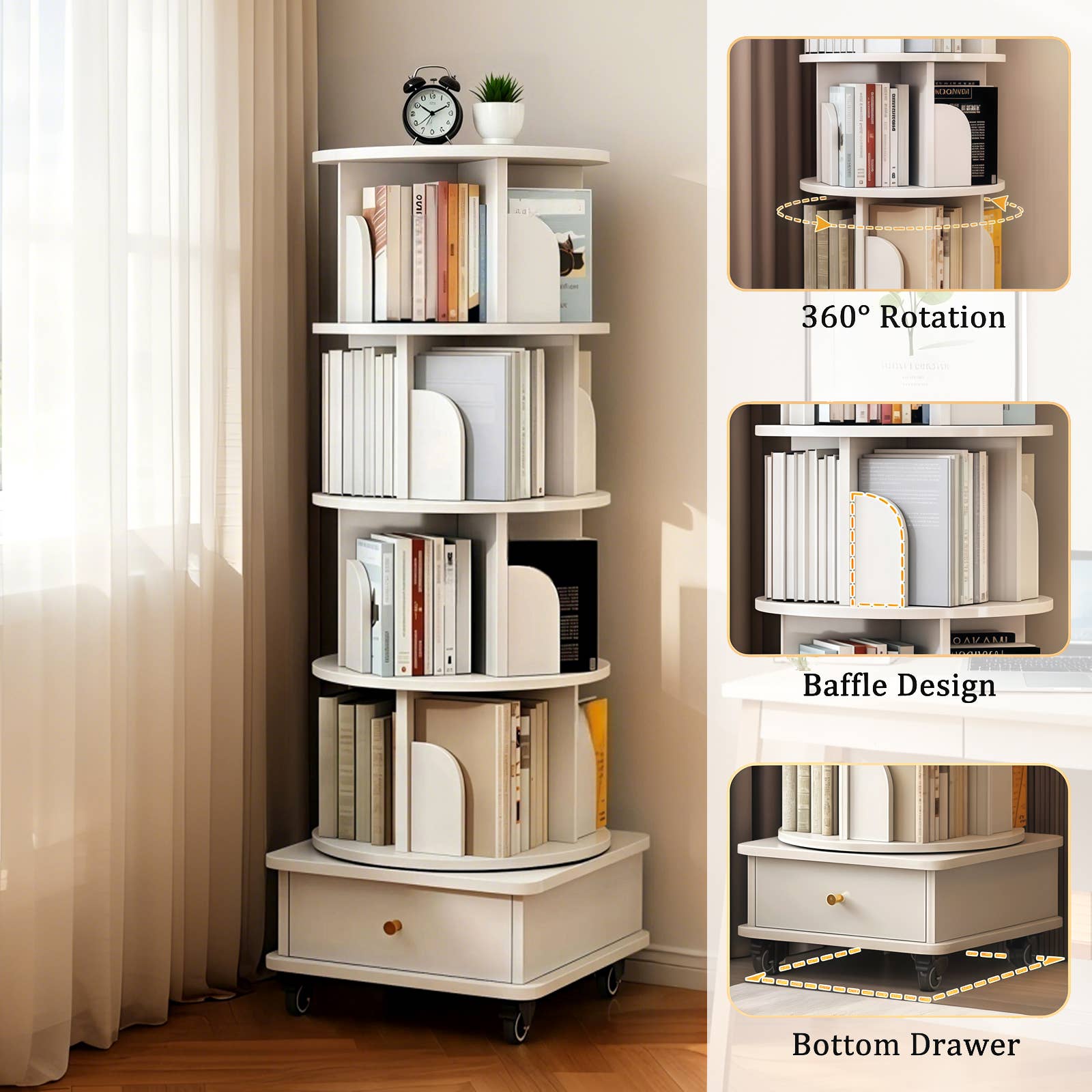 39F Inc. - Wholesale Bookcase - 5/6-Tier 360° Rotating Bookshelf with Drawer, White/Wood17