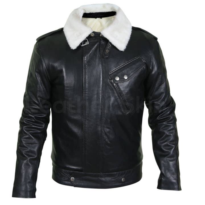 Men's Black Leather Jacket with White Fur Collar for wholesale by Leather Skin Shop