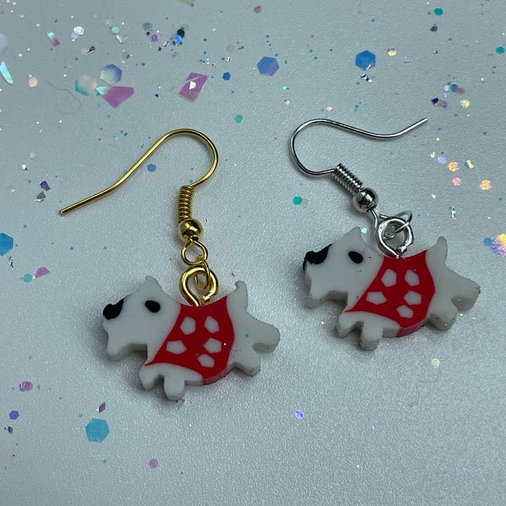 R59Creates – wholesale Dangle earrings – Mini Fluffy White Dog W/ Red Sweater Earrings! Puppy Dog Jewelry, Cool Gift For All Of Your Animal Loving Friends And Family!2