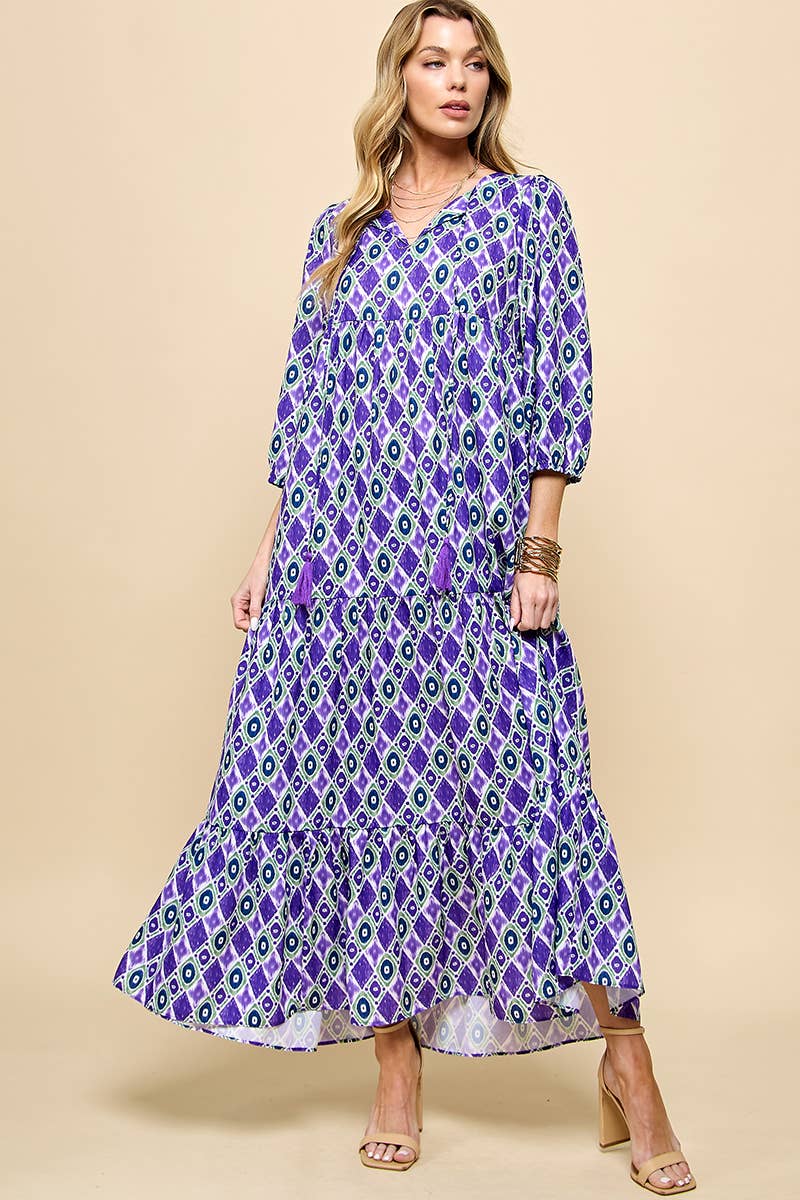 Cezele - Wholesale Dress - Women's - 3/4 Lantern Sleeve Print Boho Maxi Dress6
