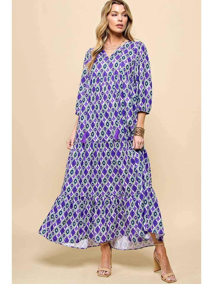 Cezele - Wholesale Dress - Women's - 3/4 Lantern Sleeve Print Boho Maxi Dress6