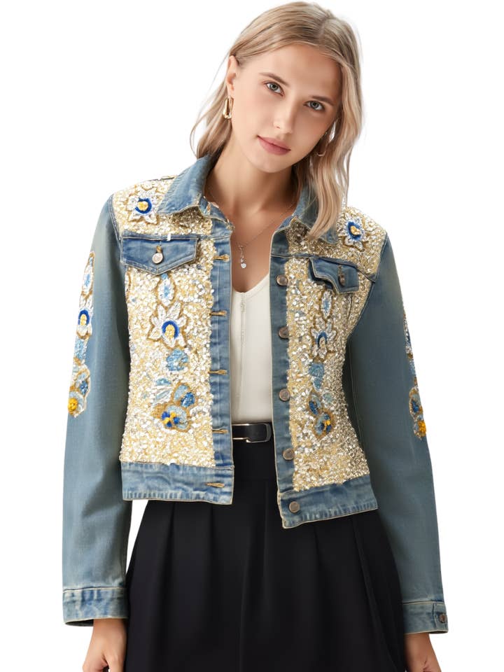BR25406 DENIM EMBROIDERED DETAILS JACKET for wholesale by Becky Rose