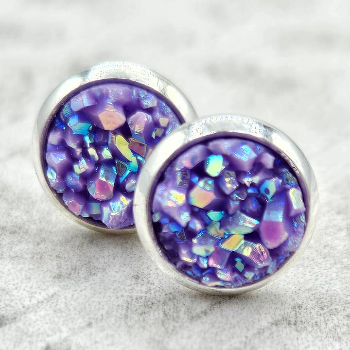Druzy Stud Earrings (Handmade 8mm) - Lilac Shimmer for wholesale by The Sparkle Shop