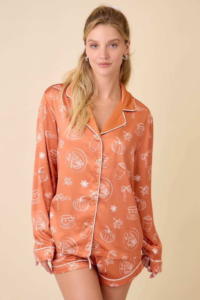 RUST ORANGE Pumpkin Spice Satin Pajama Set – Fall Holiday Sleepwear for wholesale on Faire8