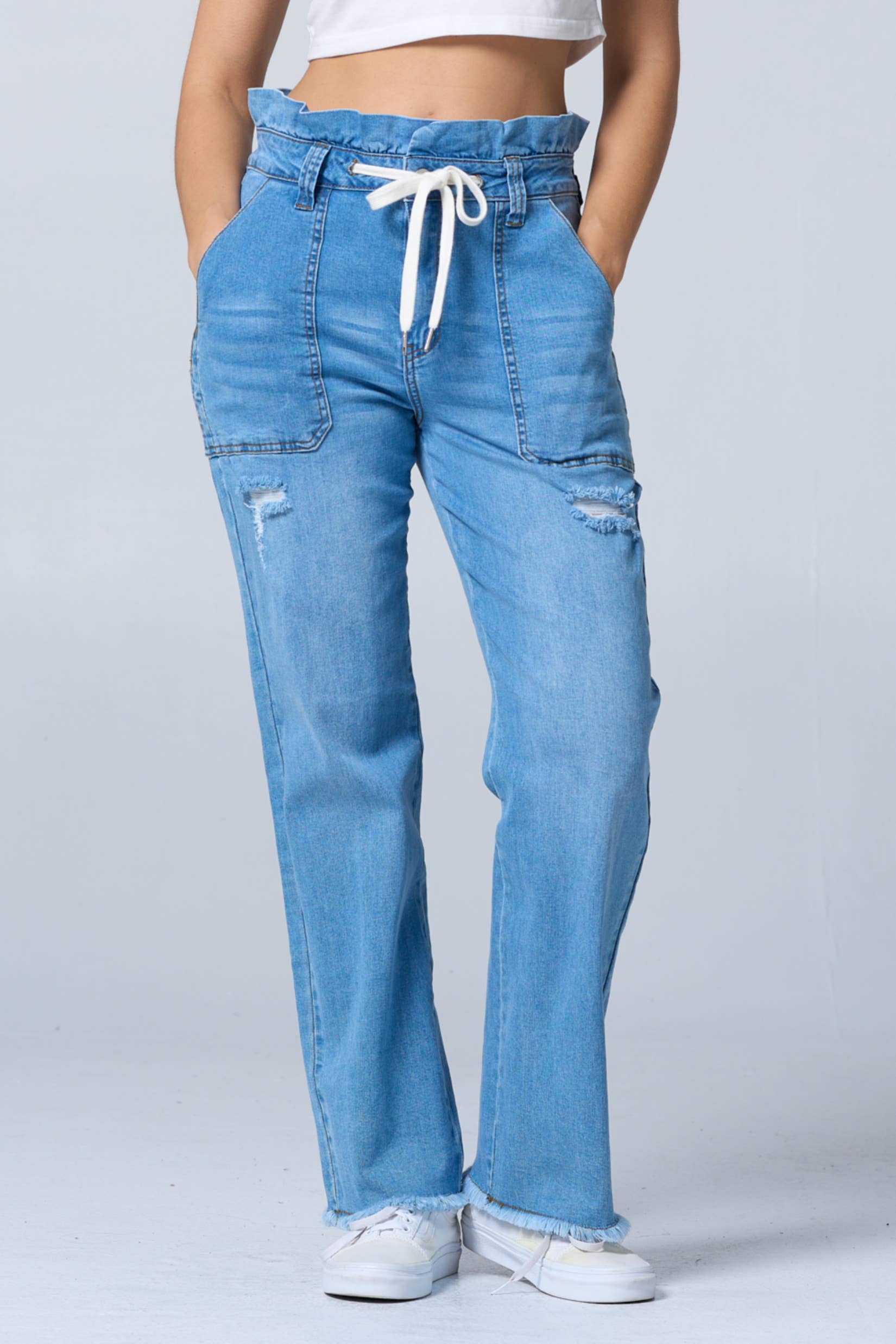 Color 5 - Wholesale Jeans - Women's - Distress fashion boot cut baggy jeans w/draw string raw edge4