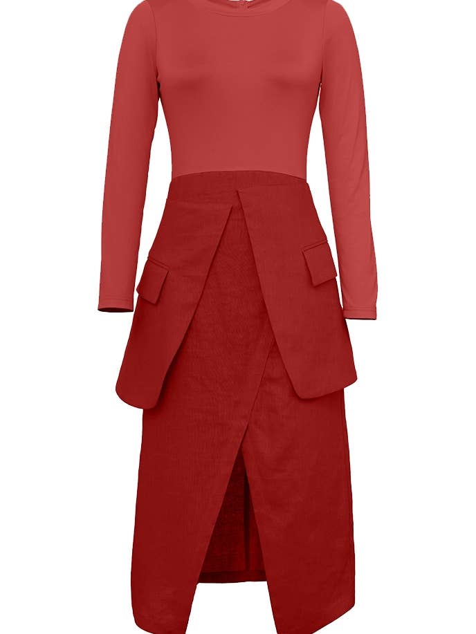 Elegante vestido combinado con peplum de lino y acetato con forma de estrella en rojo 030824 para venta al por mayor de CHIC STAR