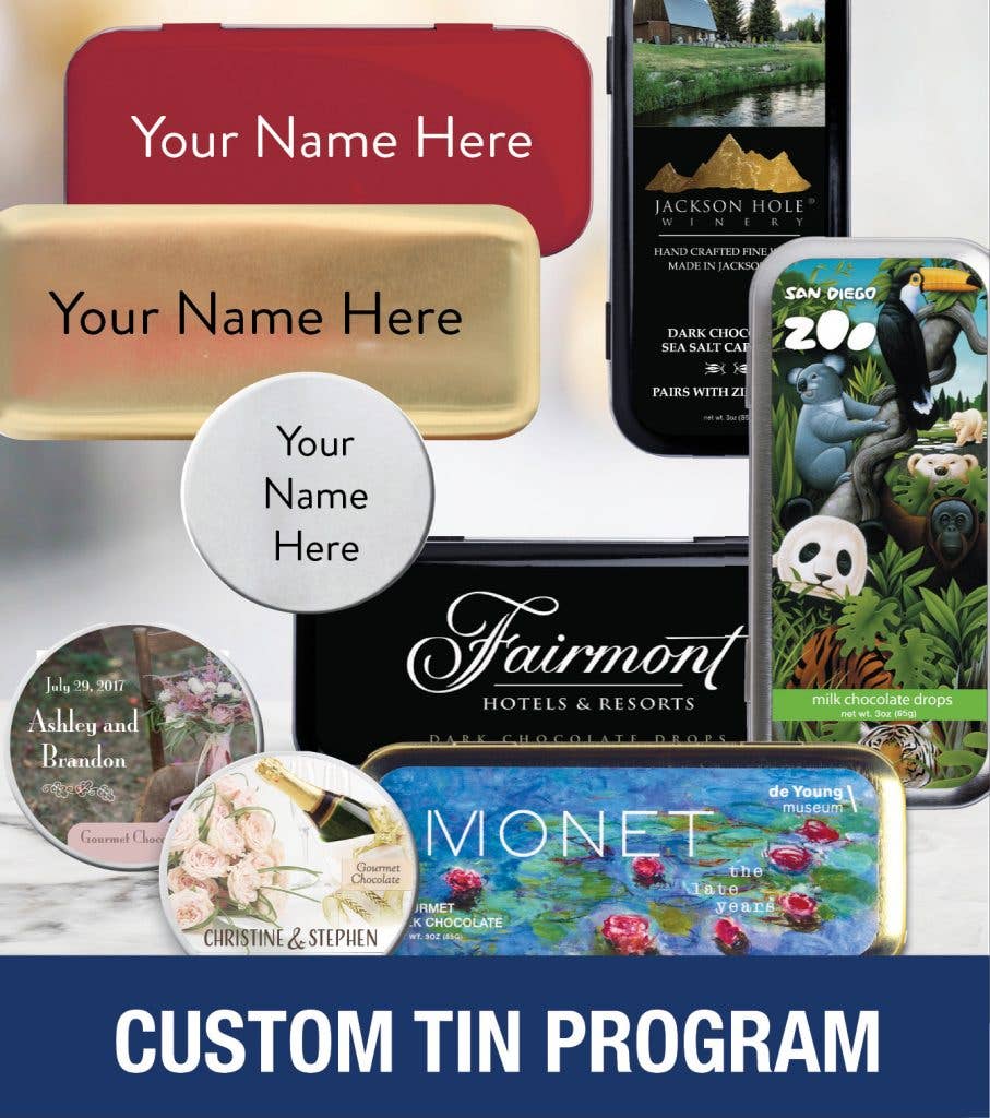 The San Francisco Chocolate Factory - Wholesale Chocolate Box - Custom-labeled 3oz Chocolate-filled Tin (48+ Tins @ $7.00)2