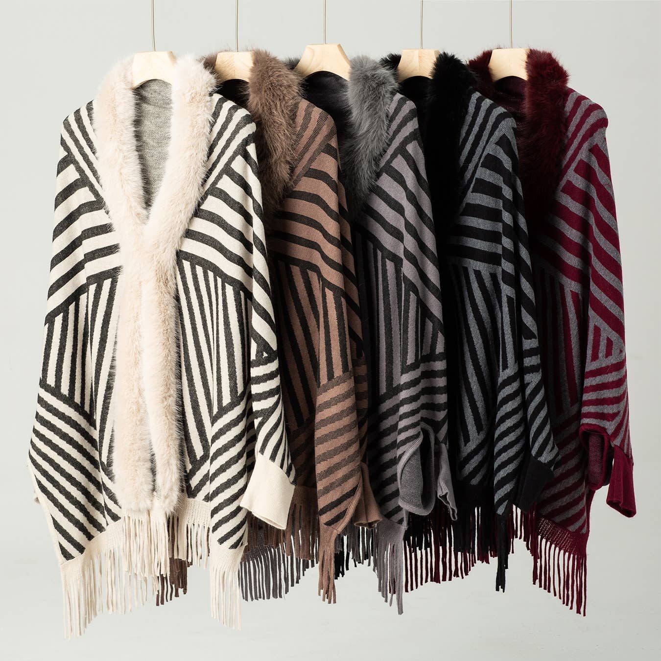 Rosa Clothing - Wholesale Cape - Women's - Stylish Striped Tassel Knitted Shawl Cape11