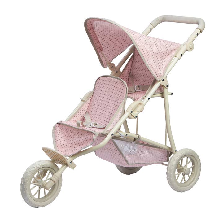 Pink Grey Polka Dots Princess Baby Doll Twin Jogging Stroller-Pink for wholesale on Faire