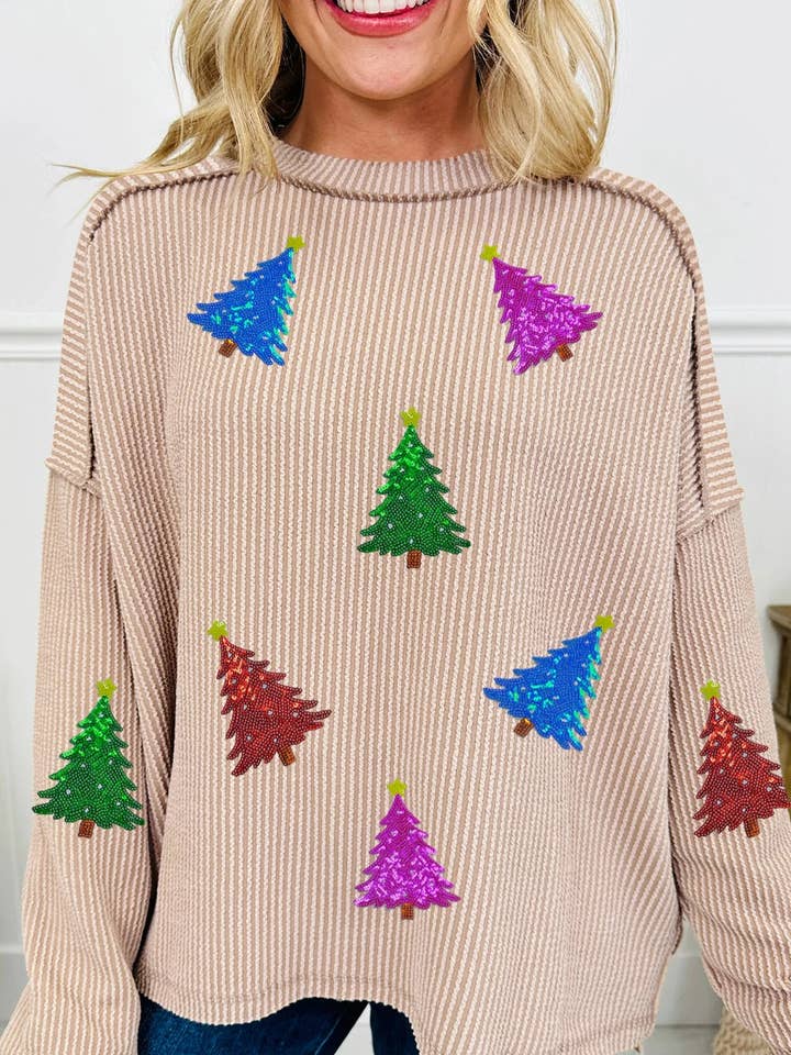 Parchment Sequin Christmas Tree Exposed Seam Drop Shoulder Ribbed Long Sleeve Top for wholesale by Lovesoft