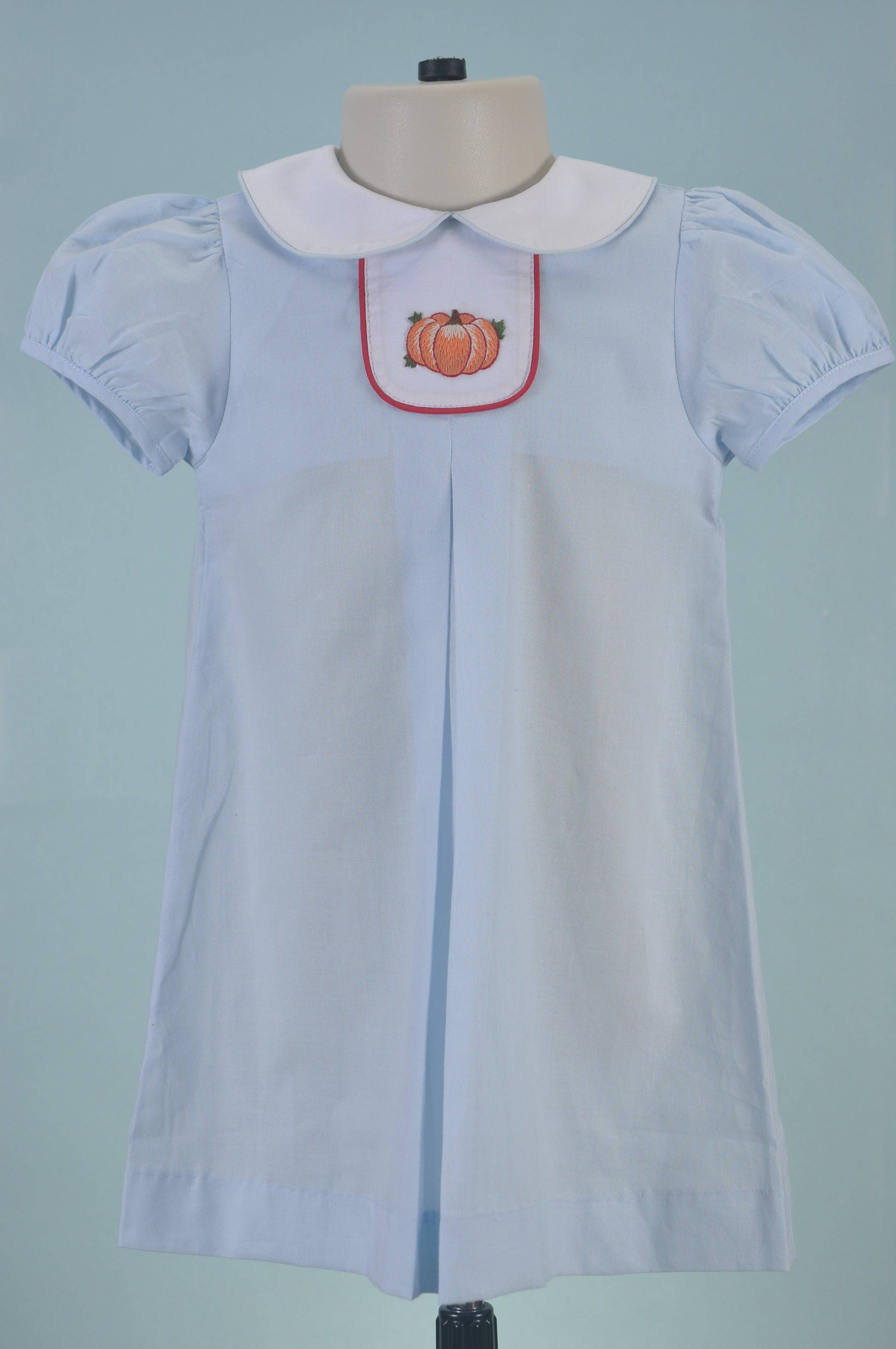 Hello Bebes! - Wholesale Dress - Kids - Blue Peter Pan Collar Pleated Dress With PUMPKIN embroidered1