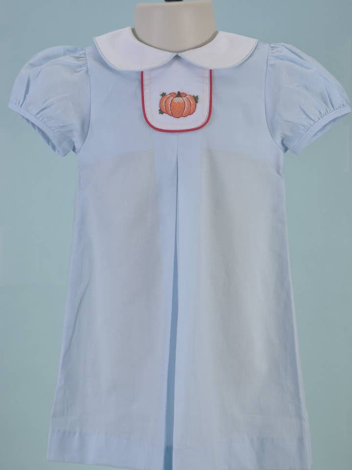Hello Bebes! - Wholesale Dress - Kids - Blue Peter Pan Collar Pleated Dress With PUMPKIN embroidered1