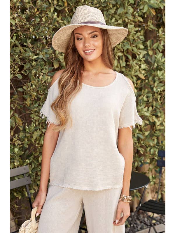 VENTI6 – Großhandel Bluse – Damen – OBERTEIL AUS BAUMWOLL-LEINEN-GAZE MIT FRANSENSAUM (701400)