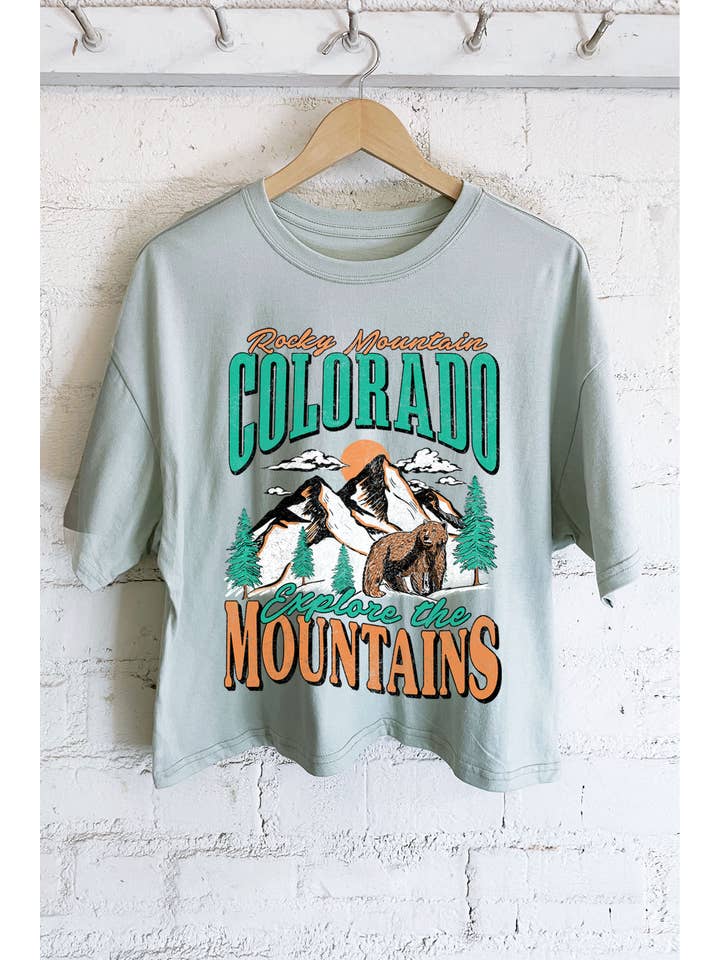 Rustee Clothing - Wholesale Screen Printed T-Shirt - Women's - COLORADO ROCKY MOUNTAIN GRAPHIC LONG CROP TOP