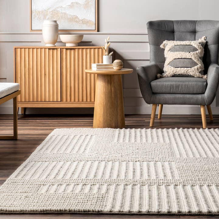 Ivory Dorene Contemporary High-Low Striped Wool Area Rug for wholesale on Faire6