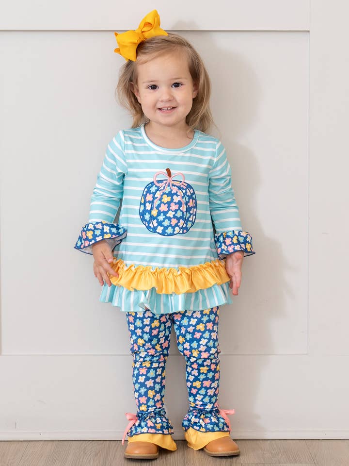 Embroidered Petal Patchwork Pumpkin Ruffle Outfit for wholesale by Marie Nicole Clothing