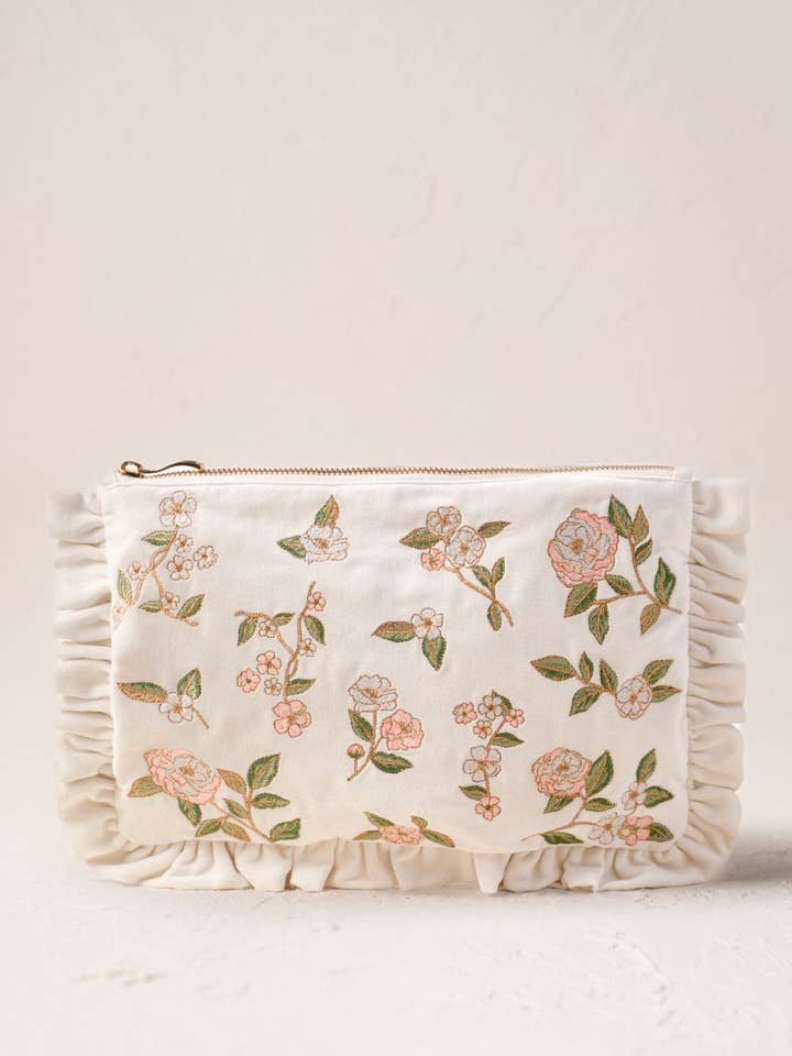 Wild Rose Frill Pouch for wholesale by Elizabeth Scarlett Ltd