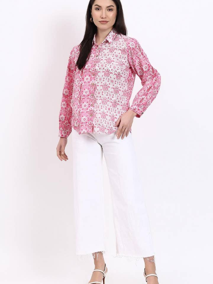 Hi Handmade - Wholesale Buttoned-down shirt – Women's - Panel Shirt - Pink5