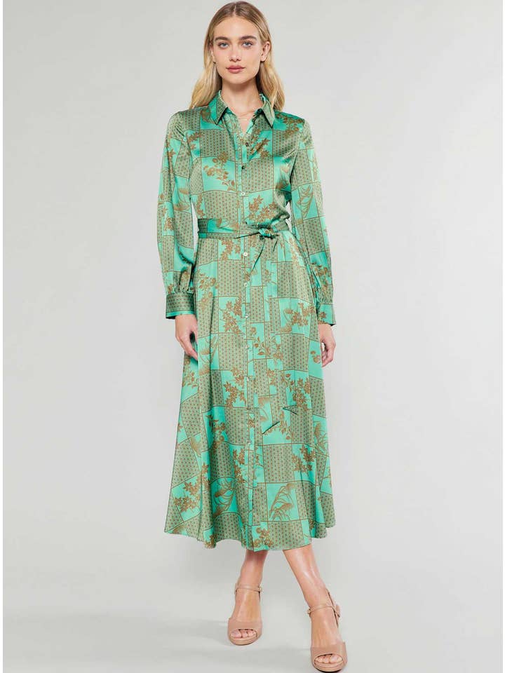 Aqua Green Mlt Floral Printed Button Down Shirt Midi Dress for wholesale on Faire