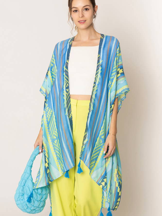 Aztec Pattern Stripe Print Tassel Summer Kimono for wholesale by Hana