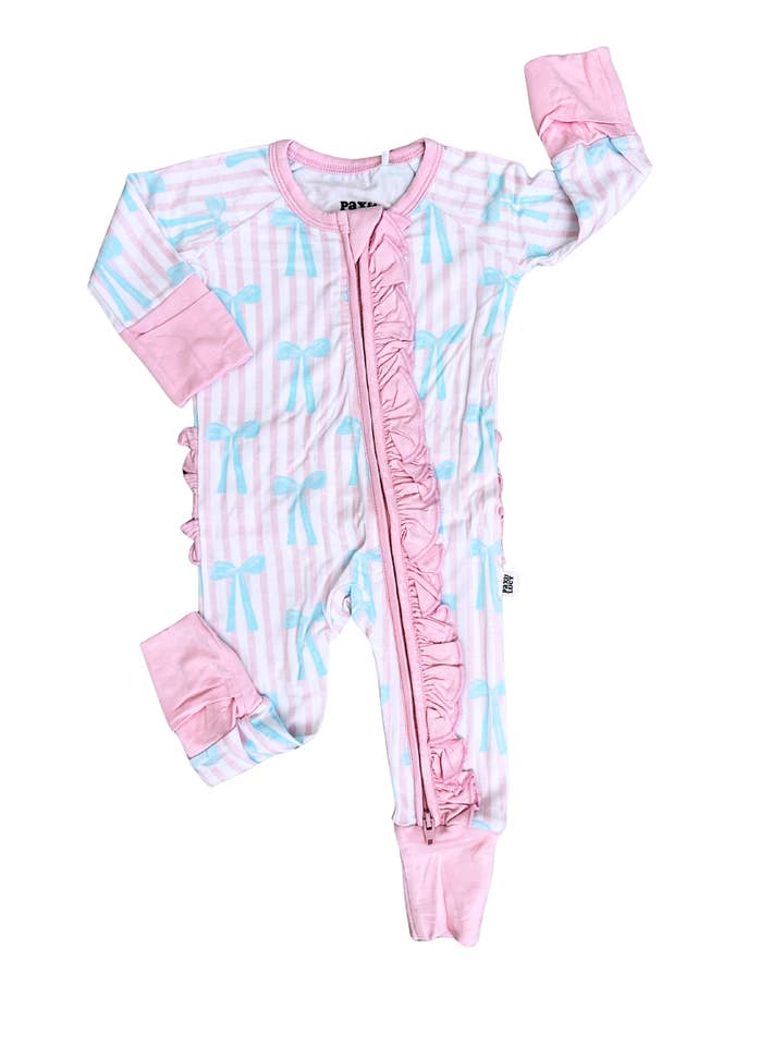 Bows & Stripes Ruffle Zipper Jammie for wholesale by Pax & Lucy