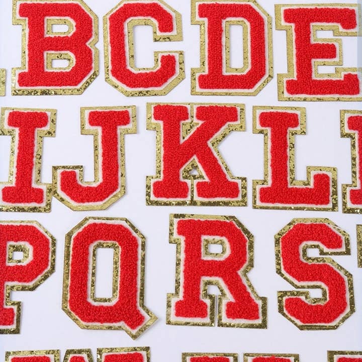 Red Chenille Iron On Gold Glitter Letter Patches for wholesale on Faire1
