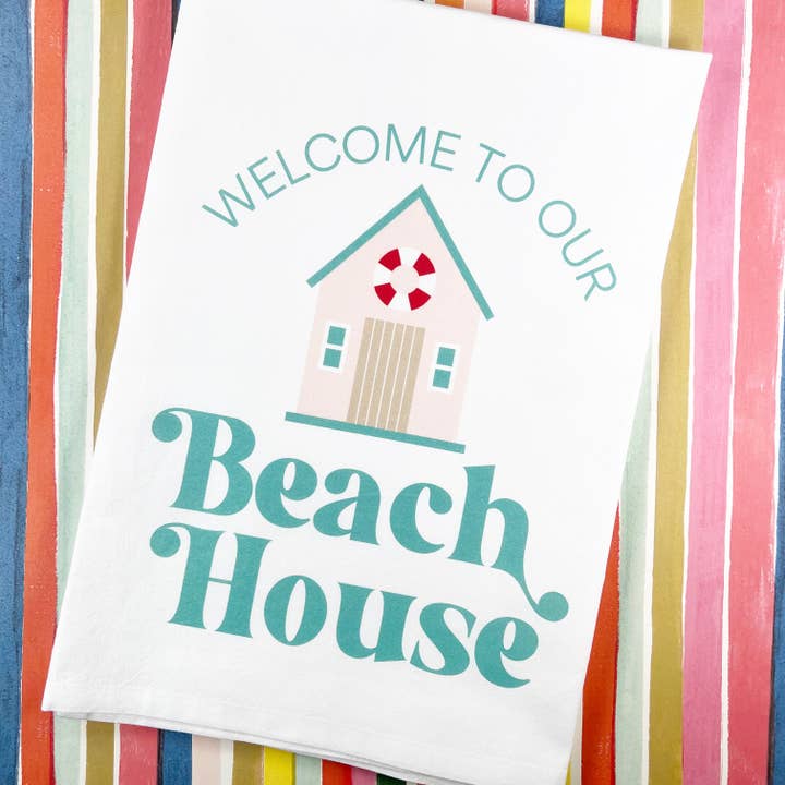 Welcome To Our Beach House Pink Tea Towel for wholesale by Suburban Soiree