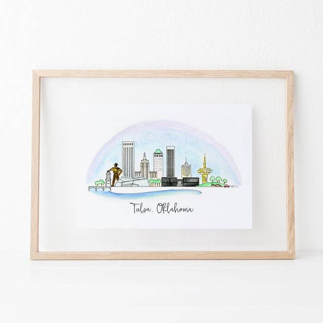 Stampa artistica sullo skyline di Tulsa, Oklahoma per la vendita all'ingrosso da parte di Natty Michelle Paperie