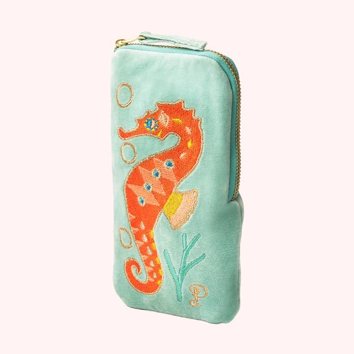 Blue Velvet Sunglasses Pouch - Sparkling Seahorse - Aqua for wholesale on Faire