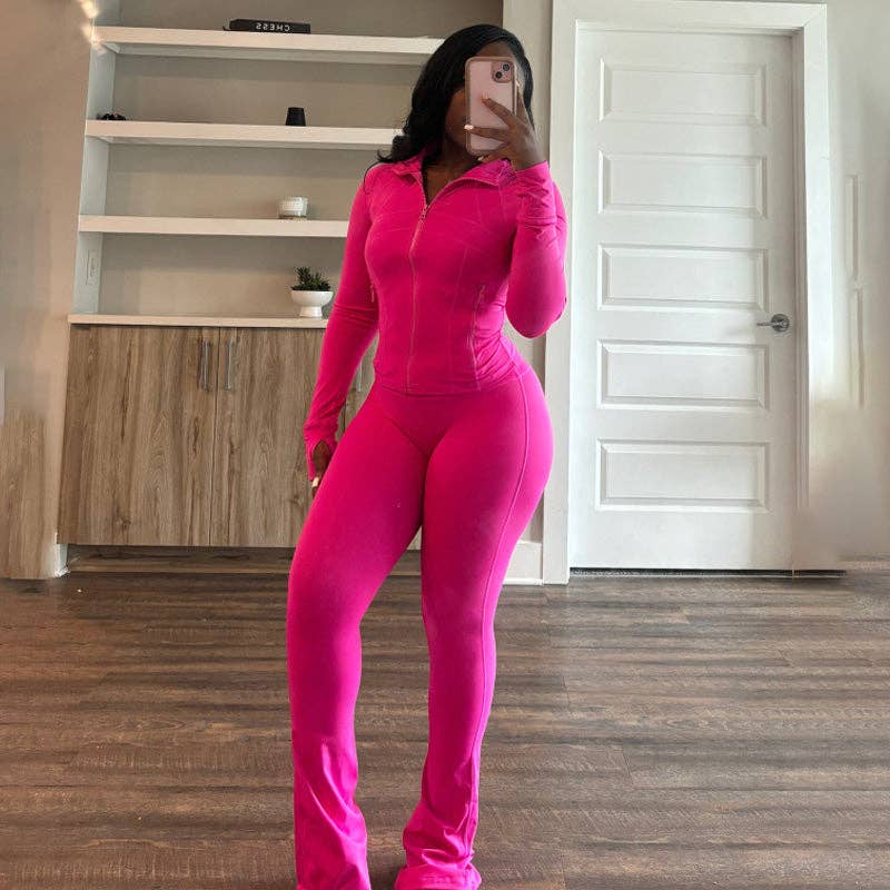 MB Fashion Wholesale - Vente Ensemble de vêtements d'intérieur – femme - ENSEMBLE DEUX PIÈCES À MANCHES LONGUES AVEC FERMETURE ÉCLAIR ET JAMBES ÉVASÉES HR2405714