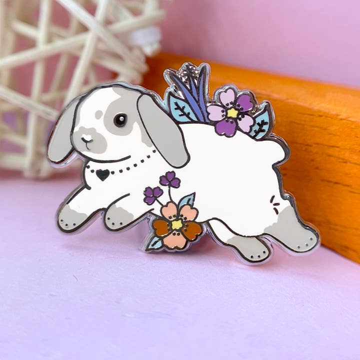 Grey and White Lop Bunny Enamel Pin for wholesale by The Crowned Rabbit