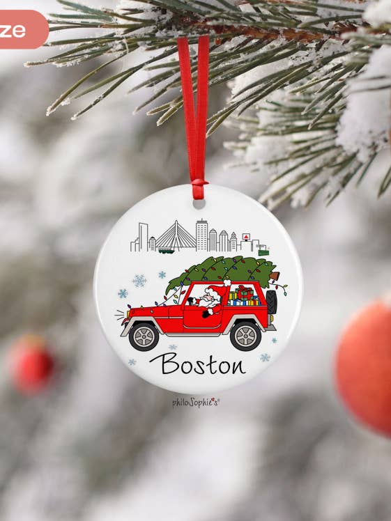 Kerstman in Jeep Kerstmis Boston Skyline voor wholesale door philoSophie's Stationery & Gifts