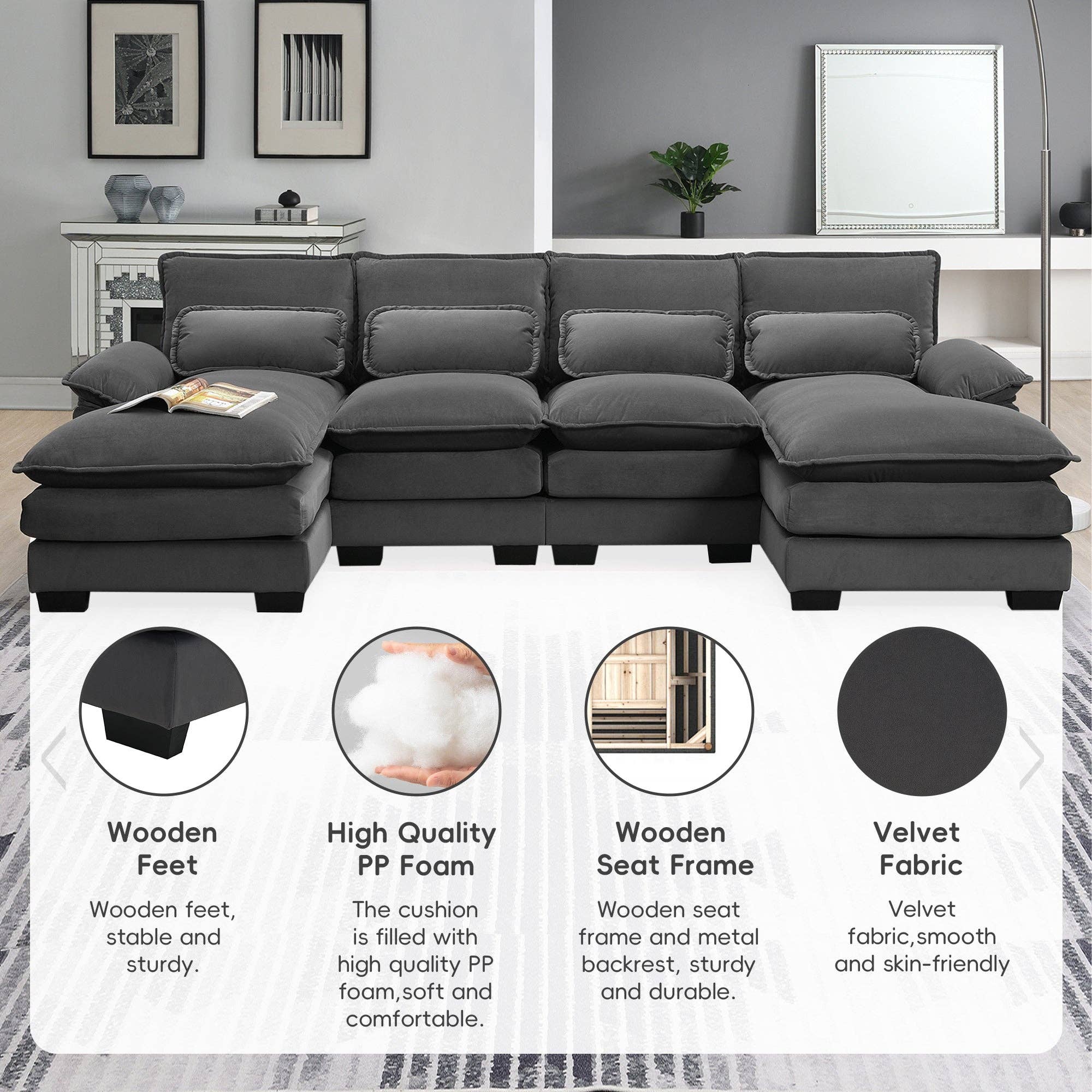 39F Inc. - Wholesale Sofa - 109.8" U-shaped Sectional Sofa with Chaise & Waist Pillows1