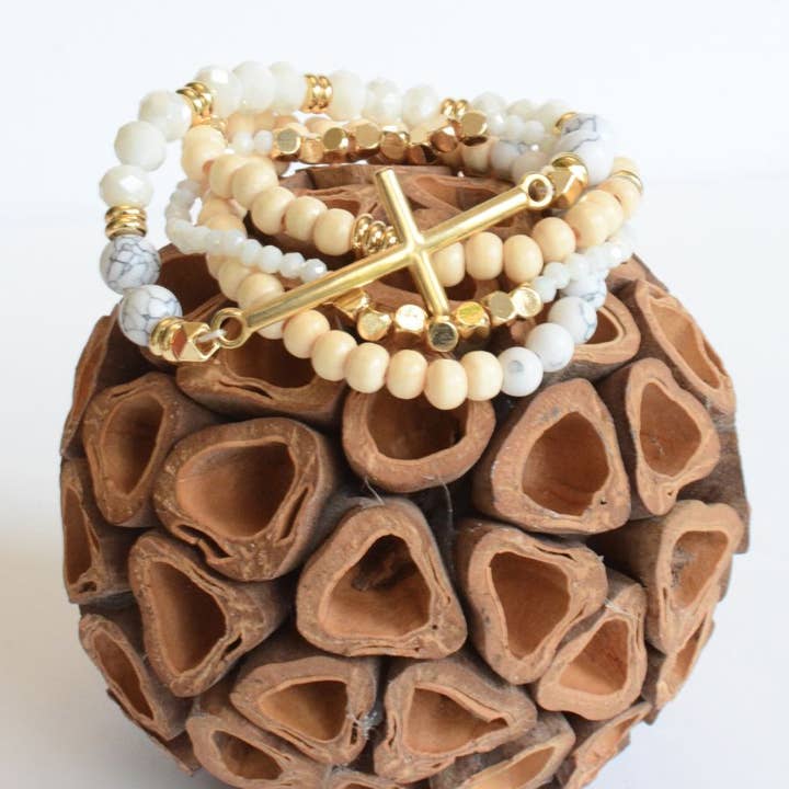 Two and Crew - Wholesale Jewelry Set - Gold Cross creams beaded stackable Christian bracelet set
