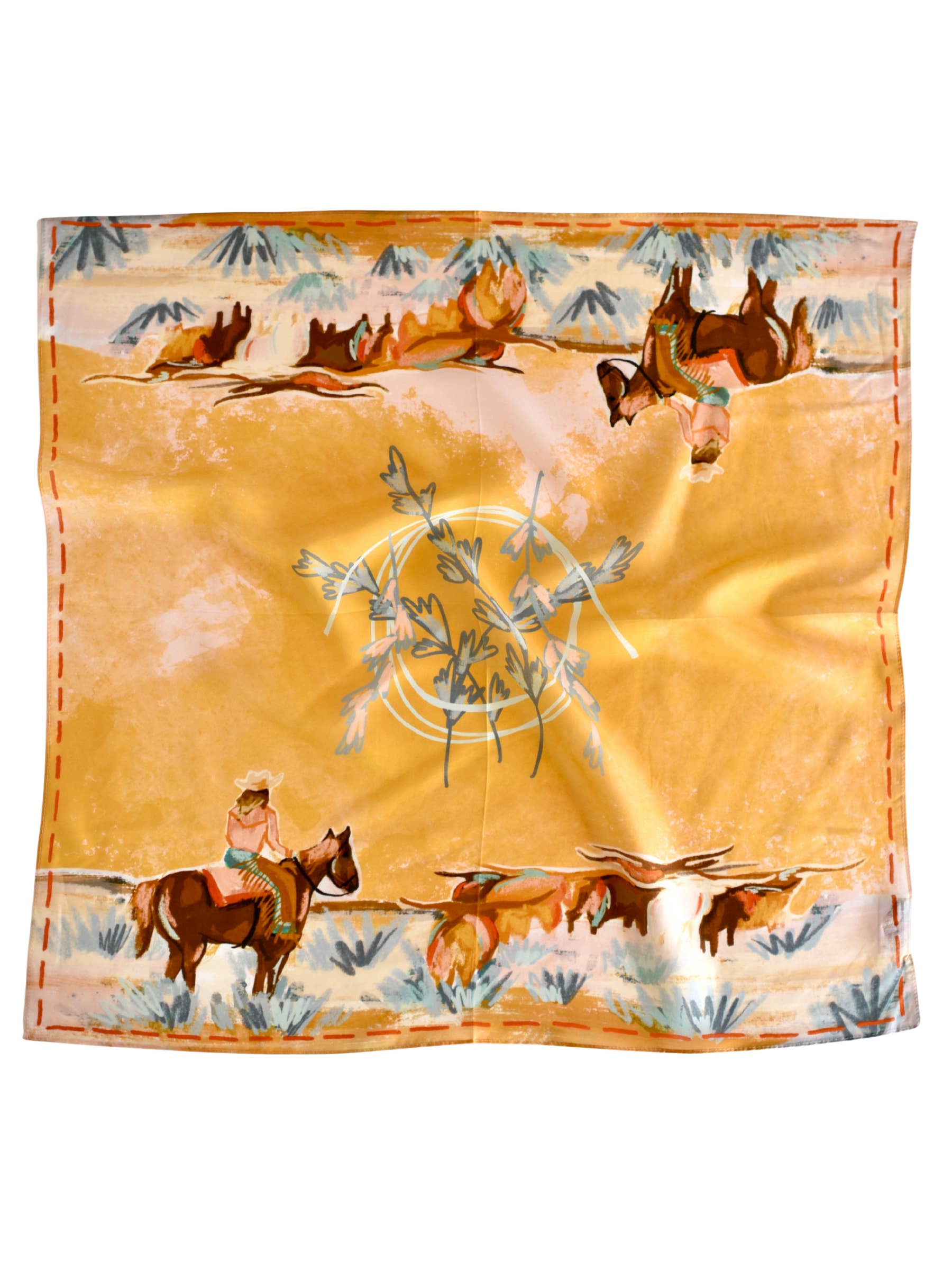 Tirzah Lane Art – Cachecol - Mulher por atacado – Longhorn Open Range Cowgirl Wild Rag: Lenço Bandana Ocidental Seda Tencel Wildrag