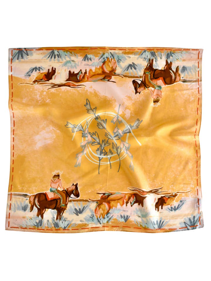 Longhorn Open Range Cowgirl Wild Rag: Western Scarf Bandana Silk Tencel Wildrag for wholesale by Tirzah Lane Art