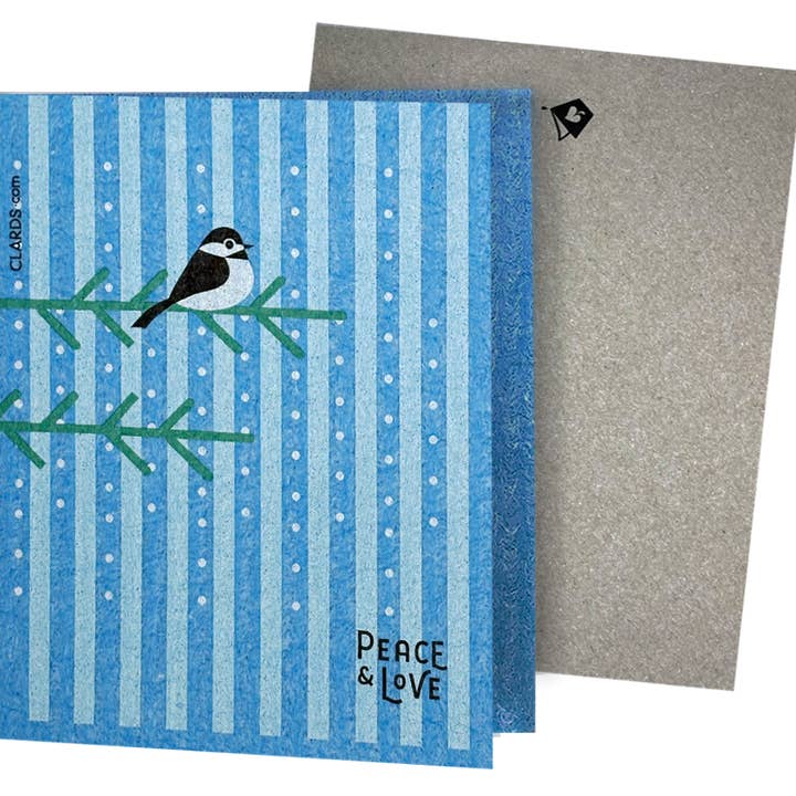 Peace & Love Chickadee 2-in-1 Greeting Card + Swedish Cloth for wholesale by Soak iT Up Eco-friendly Greetings + Gifts
