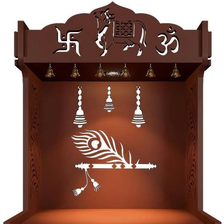 Krishna's Grace Wooden Wall Mounted Home Temple - Brown for wholesale by GoGlocal
